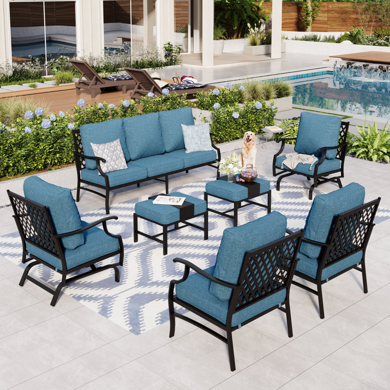 Asfand 9 - Person Patio Conversation Set with 2 Rocking Lounge Chairs  & Sofa, Denim Blue