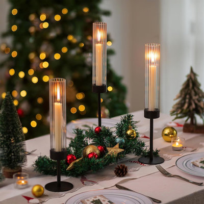 3 Pack Black Hurricane Glass Taper Candlestick Holders, Tall Tabletop Decor for Wedding Christmas