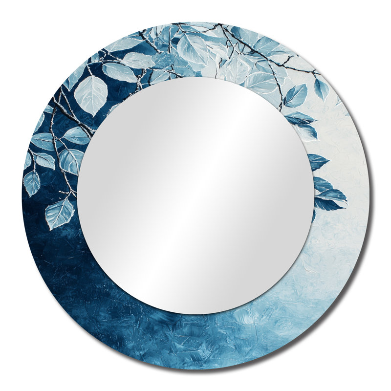 «White Frosted Leaves Branches I» - Miroir floral pour décoration murale - imprimé sur métal, 23 po x 23 po