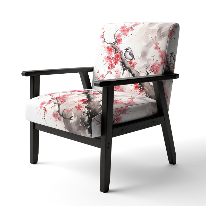 Asian Art Sumi Bird Serenity VIII - Upholstered Traditional Arm Chair, Coral Accent Chair, Black