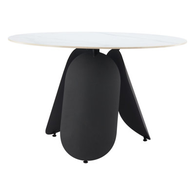  48" White and Black Faux Marble and Steel Pedestal Base Round Top Dining Table