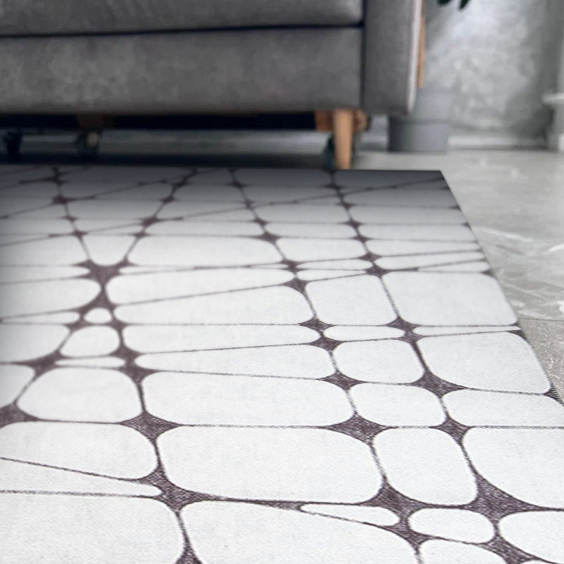 Tapis décoratif blanc à base géométrique tissé noir, Rectangle 7 pi 7 po x 10 pi 10 po
