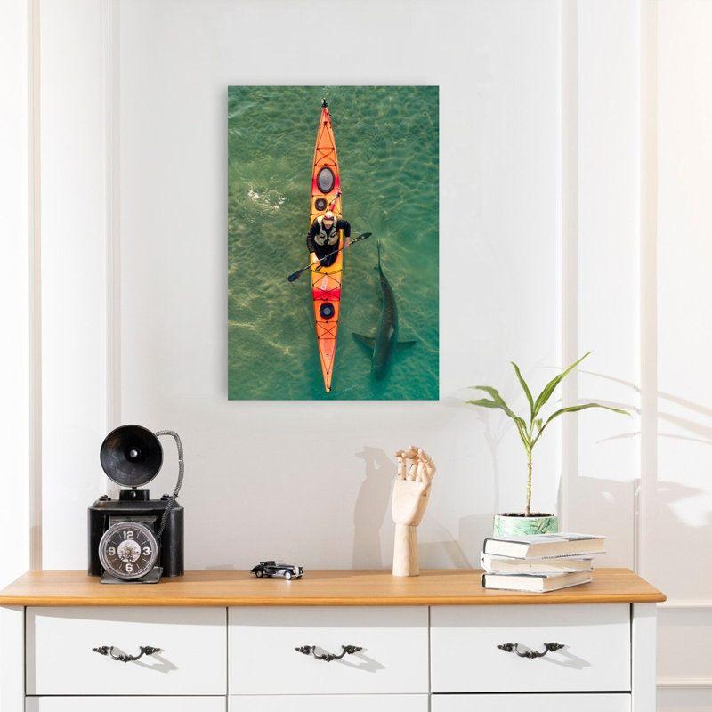 Great White Kayaker Contemporary Shark Nature Ocean Wall Art Print, 60.96cm H x 40.64cm W