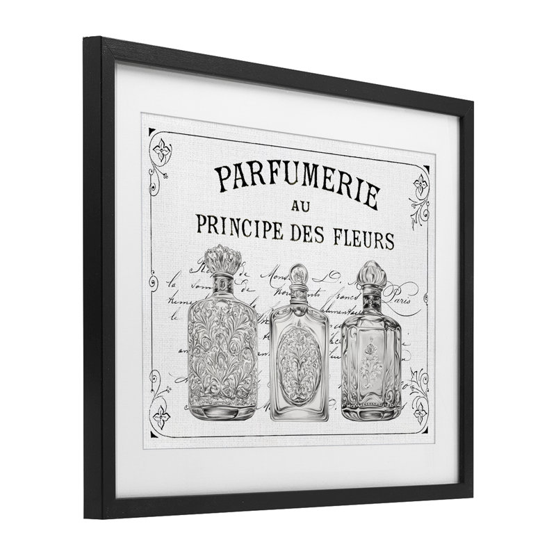 Reproduction sous verre rétro encadrée de parfumerie française, design par lettré et doublé, H 13 po x l 16 po