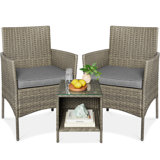  3-Piece Outdoor Wicker Conversation Patio Bistro Set, W/ 2 Chairs, Table