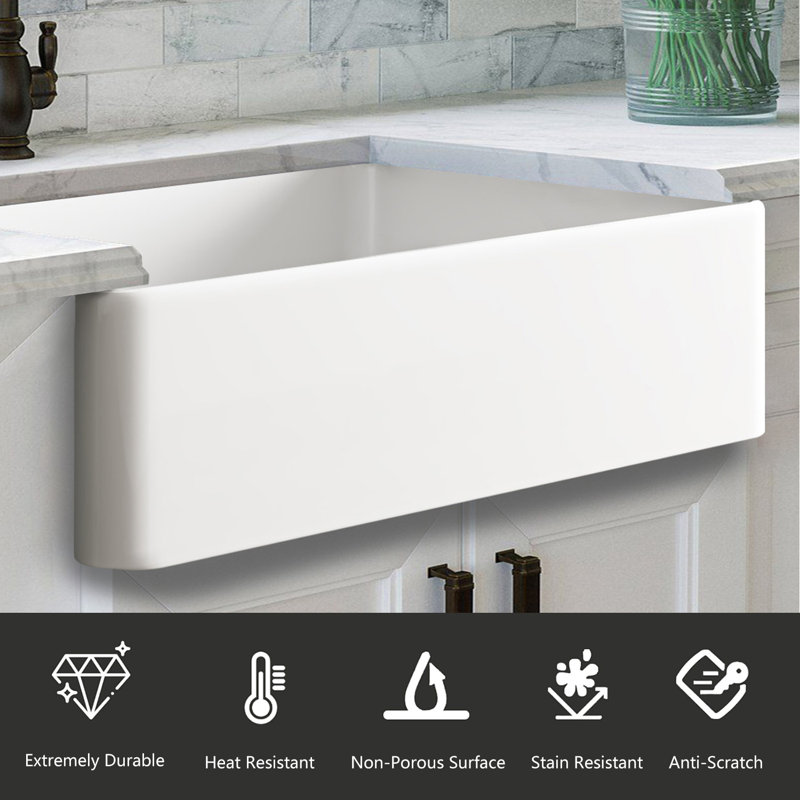 Farmhouse Single Basin Kitchen Sink, 10" H x 30" L x 18", White