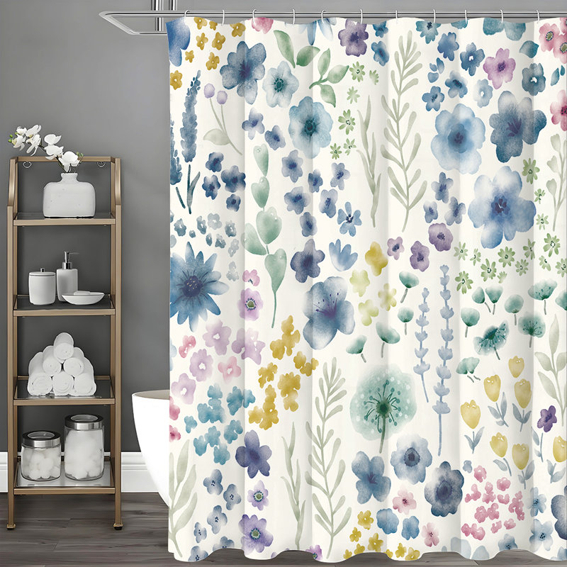 Rideaux de douche floraux avec crochets inclus, Bleu