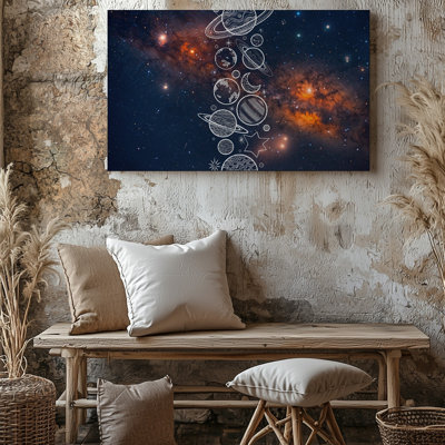 Toile dans un tableau cosmique vibrant, tourbillon de galaxies et de nébuleuses, art mural entrelacé mettant en vedette une grande planète aux couleurs vives