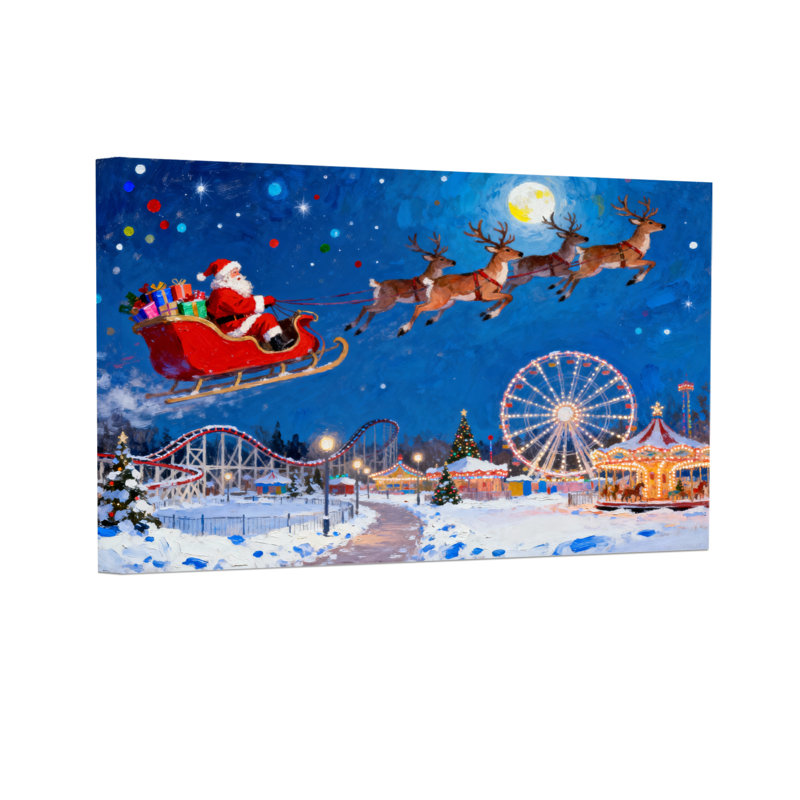 Père Noël de Noël survolant le parc d'attractions d'hiver, H 20 po x l 30 po