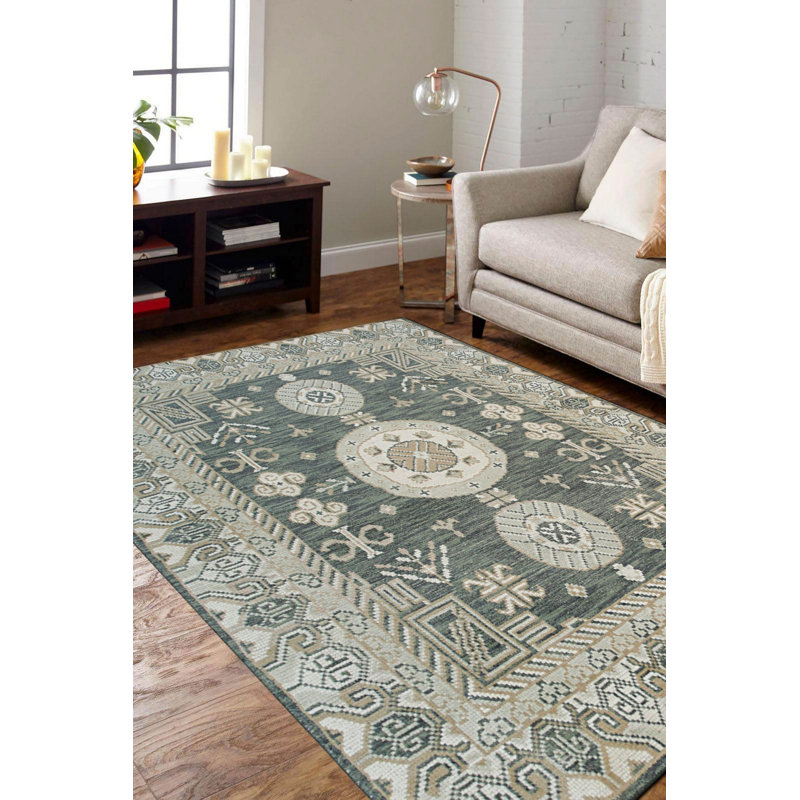 Green Hand-Knotted Wool Linked Medallions Geometric Modern Contemporary Carpet Rug, 8' x 10'