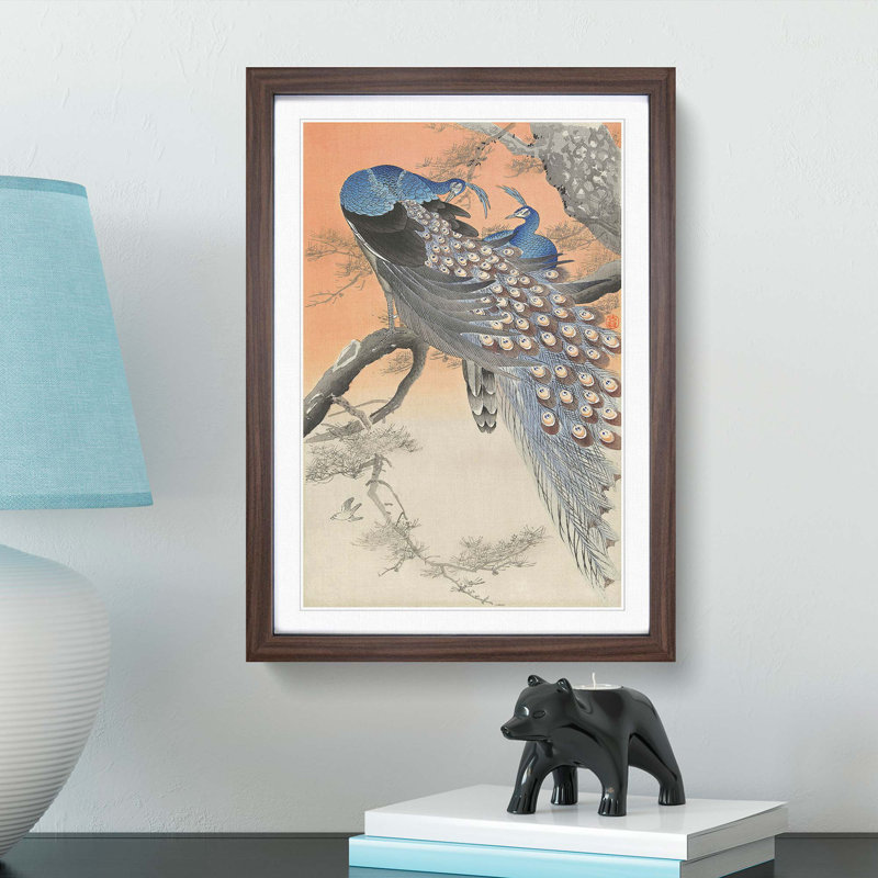 Two Peacocks by Ohara Koson - Picture Frame Painting Print, 65cm H x 48cm W x 2cm D, Walnut Framed