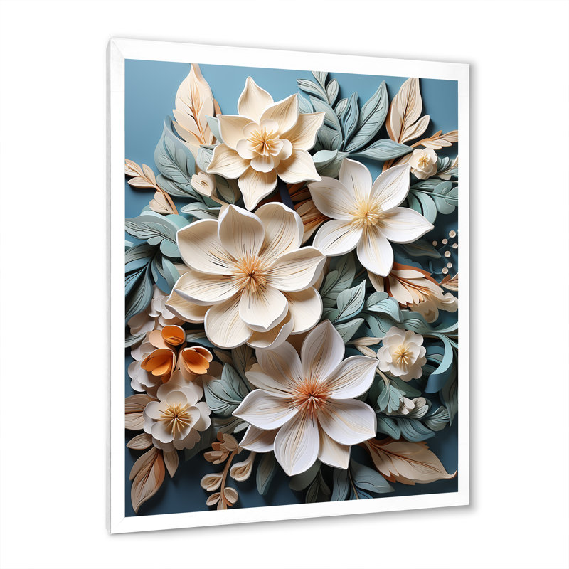 Élégant papier mâché, fleurs de plumeria, H 32 po x l 16 po x P 1 po, Cadre simple blanc