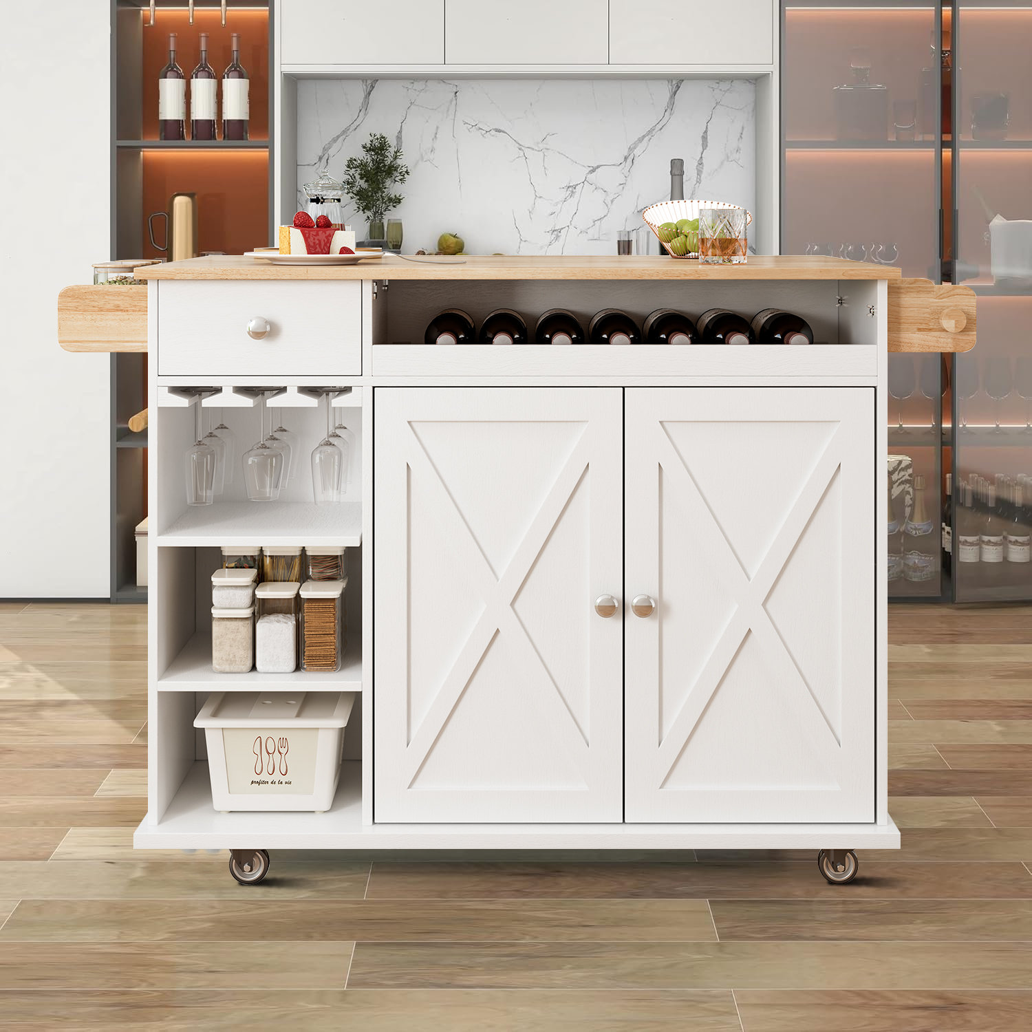 Ophelia & Co. Farmhouse Kitchen Island Cart with Drop Leaf, Wine Rack ...