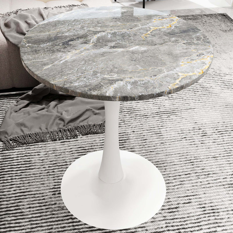Table de salle à manger 27,6 pouces blanche Mid-Century, plateau rond en marbre veiné gris foncé pour une utilisation quotidienne
