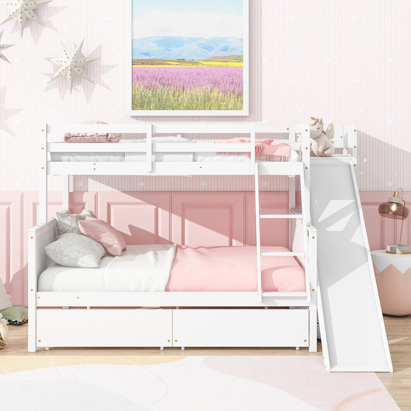 Lit superposé simple au-dessus de double avec 2 tiroirs, glissière, tablettes, échelle, lit superposé en bois d'hévéa avec glissière, tiroirs