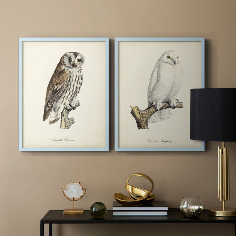 French Owls III - reproduction encadrée de qualité supérieure - prête à être accrochée - aucun clou requis - aucun clou requis
