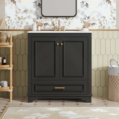 Meuble-lavabo luxueux avec lavabo en céramique, meuble-lavabo avec 2 grandes portes à fermeture douce, armoire de rangement en bois massif