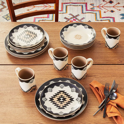 Chalet Cream/Black/Taupe Aztec Print Ceramic Southwestern Style 16 Piece Dinnerware Set