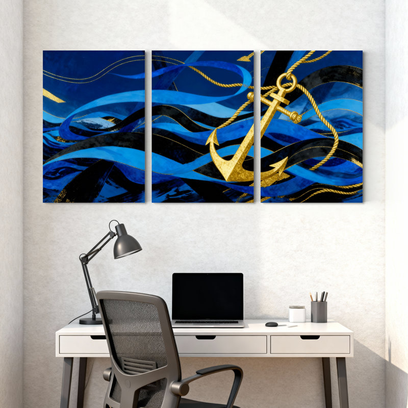 «Blue Waves Golden Anchor», ensemble de 3 impressions sur toile, H 24 po x l 48 po
