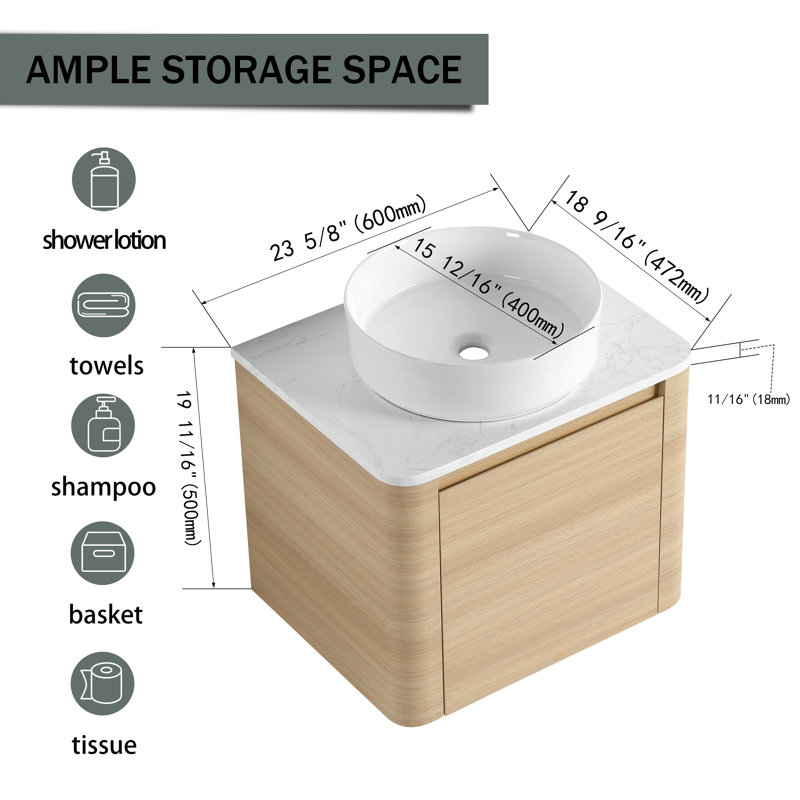 Meuble-lavabo mural 23 5/8 po - 5 options de lavabo couleur, armoire en bois clair et plateau en pierre reconstituée (type A)
