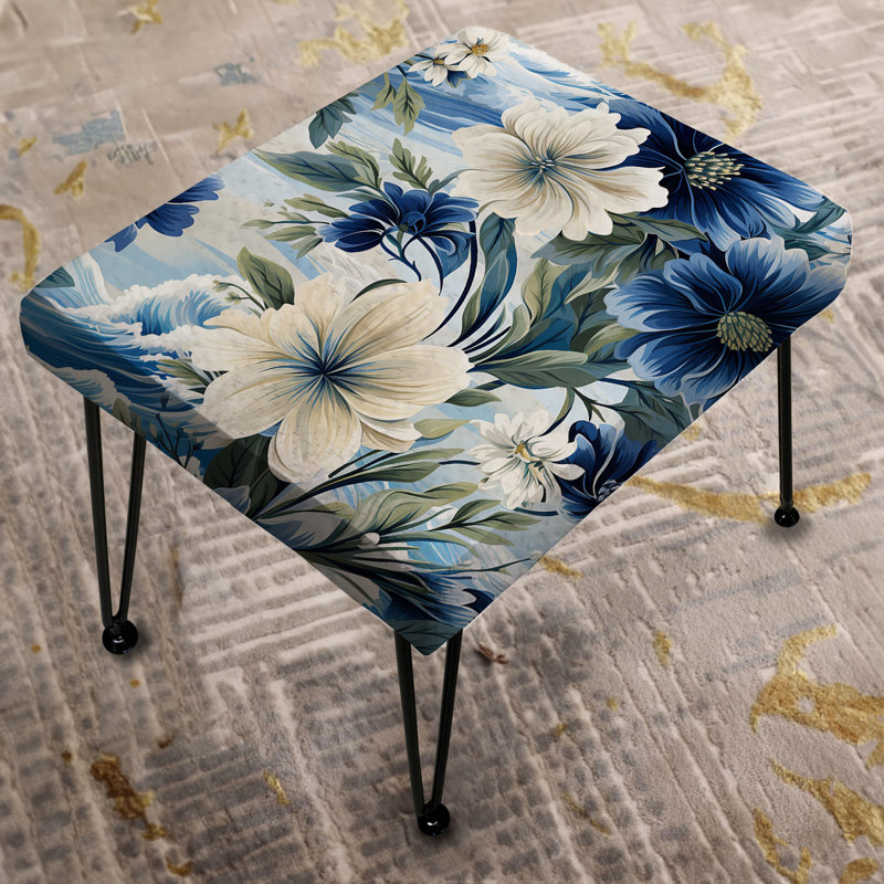 Coastal Blues White Flowers Blooms I - Floral Rectangle Ottoman
