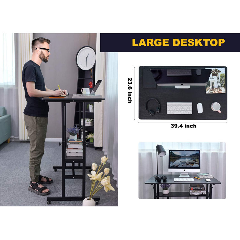 Adjustable Computer Desk Rolling Laptop Cart On Wheels Home Office Computer Workstation, Portable Laptop Stand Tall Table For Standing Or Sitting, 39.4" X 23.6"
