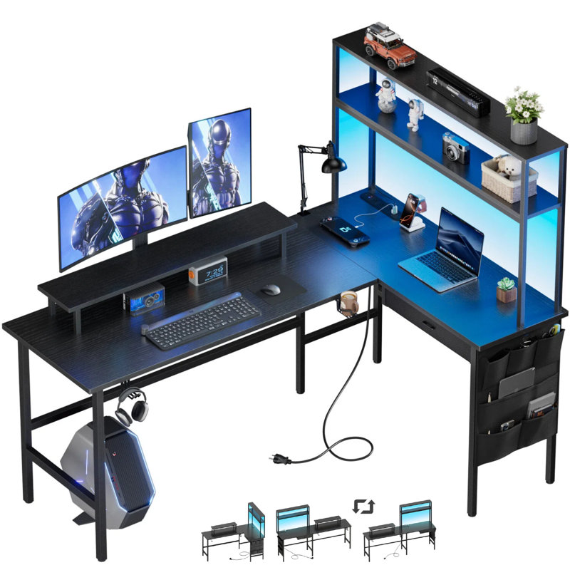 HLDIRECT 67 Inch Reversible L-Shaped Gaming Desk with LED Lights, Power Outlets & Drawer, 2-Person Home Office Desk with Monitor Stand, Shelves & Storage Bag, for Gaming, Work & Streaming, Black