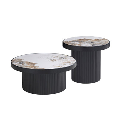 Set Of 2 Coffee Table,MDF Round Coffee Table Sintered Stone Tabletop For Living Room Apartment,Leisure Area BLACK