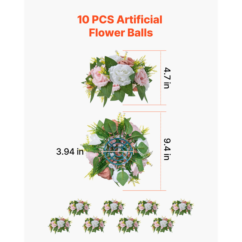 Boules de fleurs pour centres de mariage arrangement floral 9,4 pouces rose + blanc, H 4,7 po x l 9,4 po x P 9,4 po
