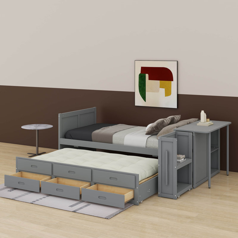 Lit plateforme simple en bois multifonctionnel avec bureau et tablette de rangement au bout du lit, lit gigogne intégré et 3 tiroirs