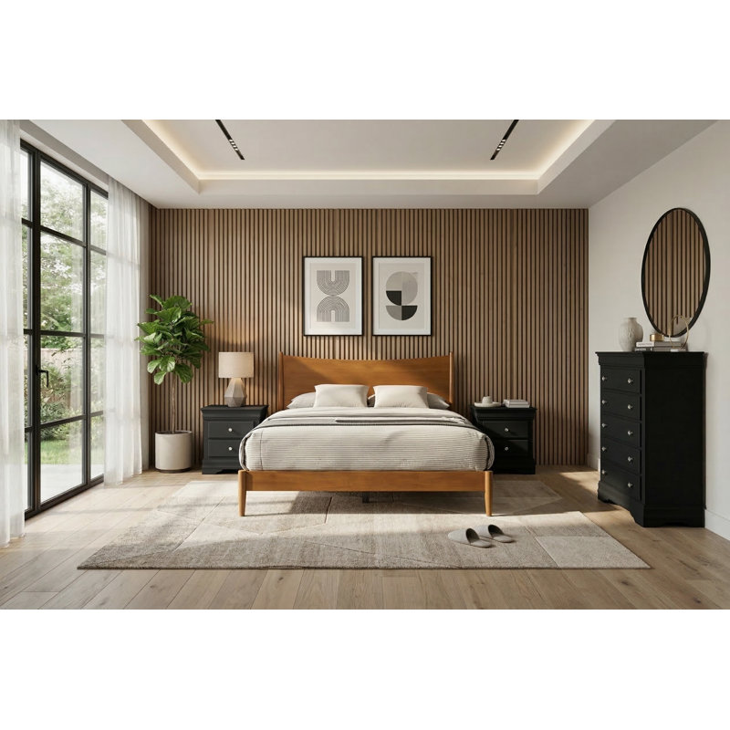 Barvelle Solid Wood 4 Pieces Bedroom Set, Black/Amber Walnut, 4 Pcs: Bed, Chest, 2 Nightstand