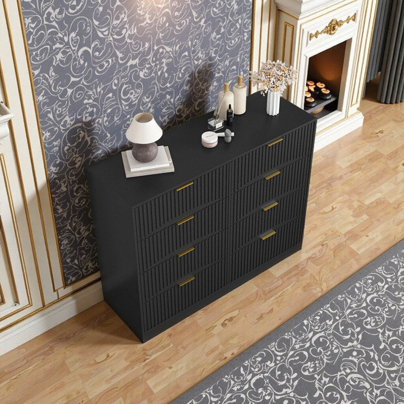 8-Drawer Wide Wood Dresser Storage Chest 47.2 Bedroom Organizer With Metal Handles, Black