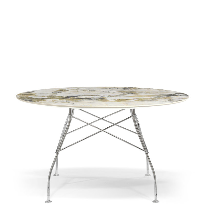 Glossy Round Dining Table, Gold, 50.39" W x 50.39" L, Symphonie Marble