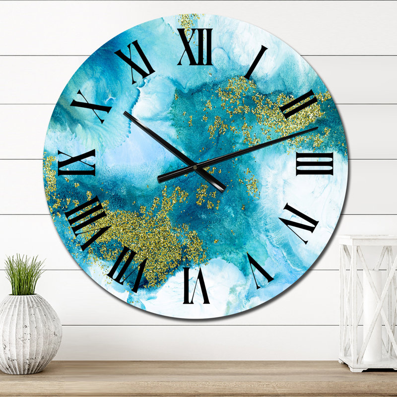 Horloge murale moderne bleue avec paillettes dorées, Petit