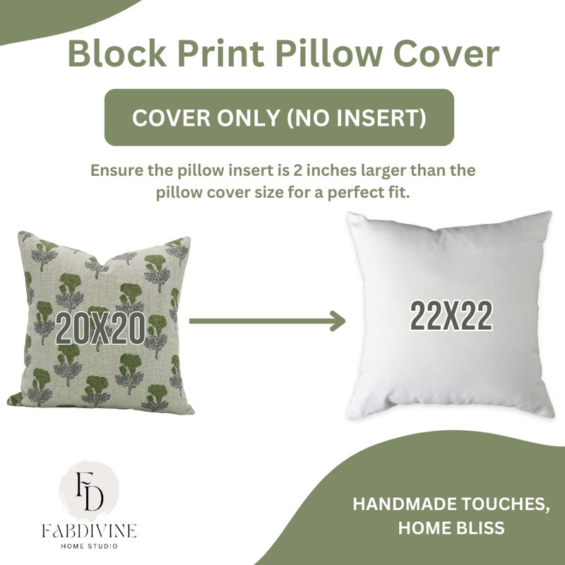 Block Print Throw Pillow Cover MNHGRTLSquare, Green Floral 2, Square 20"