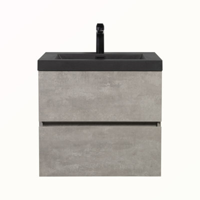 Meuble-lavabo flottant 24 po avec lavabo mural Ceionna, meuble-lavabo mural moderne avec comptoir en quartz noir et tiroirs à fermeture en douceur, gris