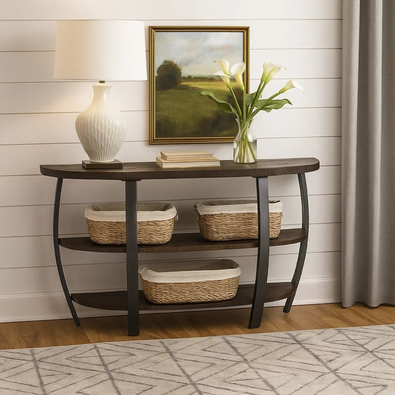 Table de canapé Flint avec 2 tablettes, plateau demi-cercle de 52 pouces, brun, tonneau