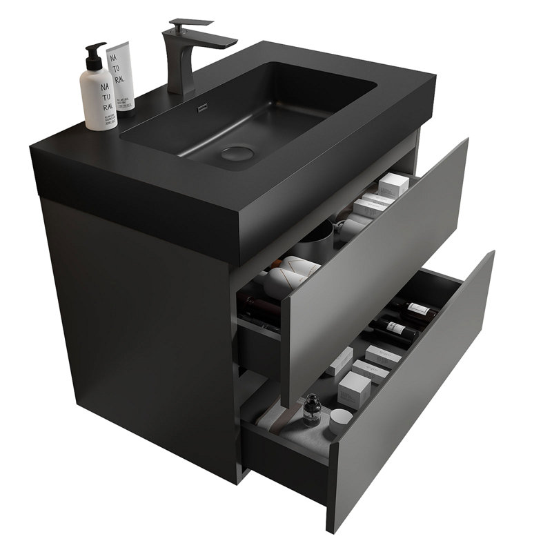 Meuble-lavabo de salle de bain flottant mural, Noir, Gris