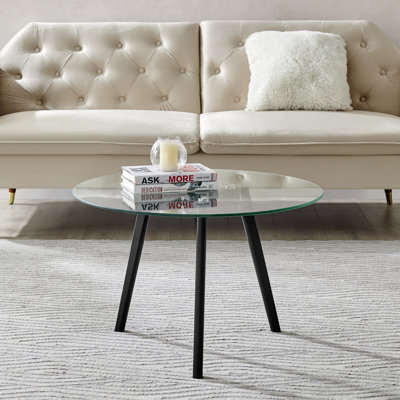 Sala Scandinavian Style Glass and Wood Round Coffee Table - Living Room Centre Table