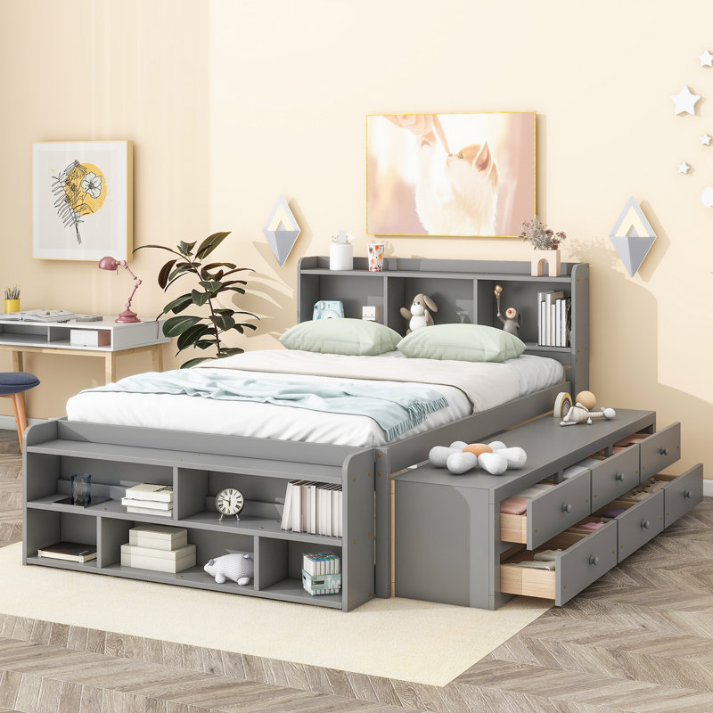 Lit double avec tête de lit bibliothèque, tiroirs de rangement sous le lit et étui de rangement, Gris
