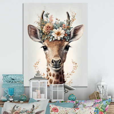 Adorable bébé girafe avec couronne florale I - reproduction sur toile