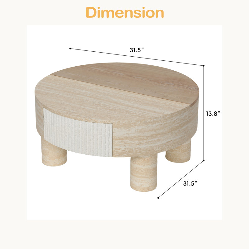 Table basse ronde avec plateau rabattable et compartiment de rangement caché