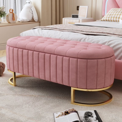Élégant repose-pieds de rangement rembourré en velours avec capitonnage à boutons, banc de rangement avec pieds en métal pour la chambre à coucher, le salon, entièrement assemblé sauf les pieds