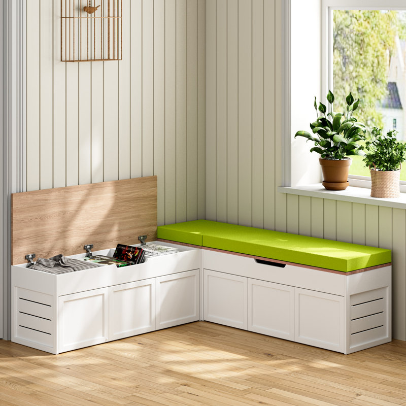 Banc de coin en L pour chaussures avec rangement de grande capacité et coussins optionnels en plusieurs couleurs, Blanc/vert