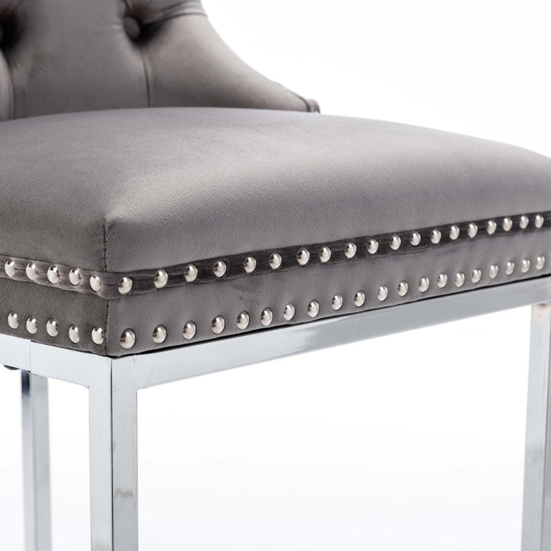 Kratsas Modern Velvet Bar Stools Set of 2 | Button Tufted & Rivet Trim, Chrome Metal Base for Kitchen Island, Gray