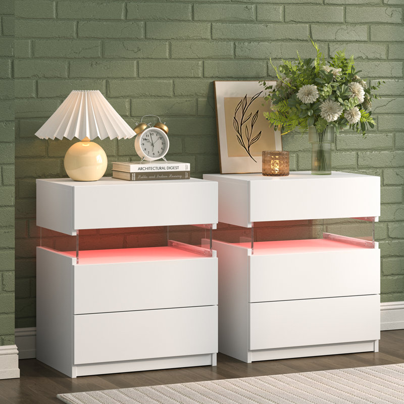 Gold and Gray Acrylic LED Nightstands with 3 Drawers