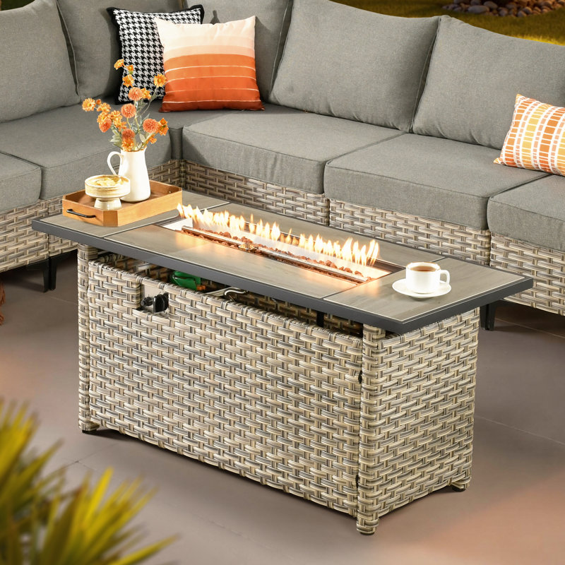 Rectangle Rattan Outdoor Propane Firepit Table, With Lid And Lava Rocks 50,000 Btu, 25" H x 54" W x 22.40" D