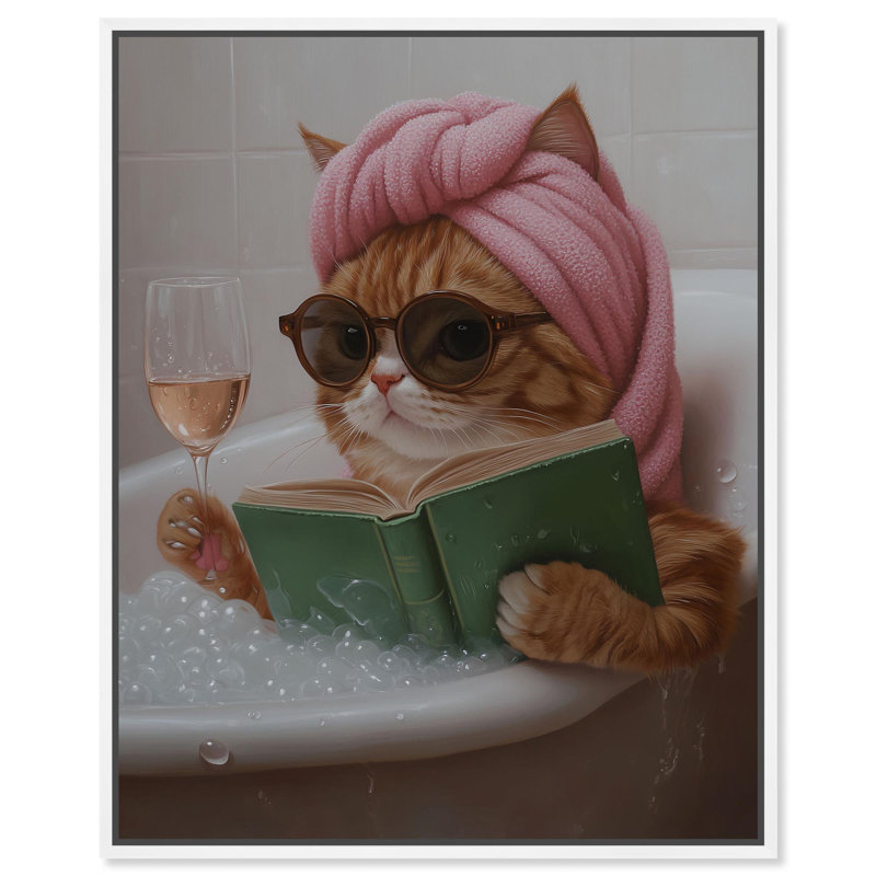 «Bubbles and Cat», reproduction d'art sur toile par Art Remedy, H 21 po x l 17 po, Cadre blanc