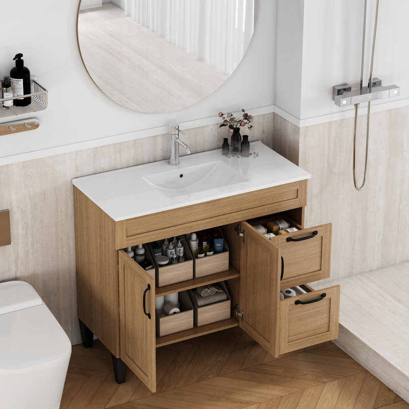 Meuble-lavabo de 100 cm avec lavabo intégré, style moderne, 2 portes, 2 grands tiroirs, fermeture amortie, poignées et pieds en métal noir
