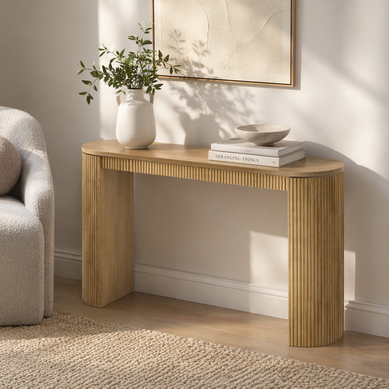 U_STYLE Console incurvée à rayures verticales unique, idéale pour le salon, le bureau et l'entrée, Naturel, Naturel, Naturel